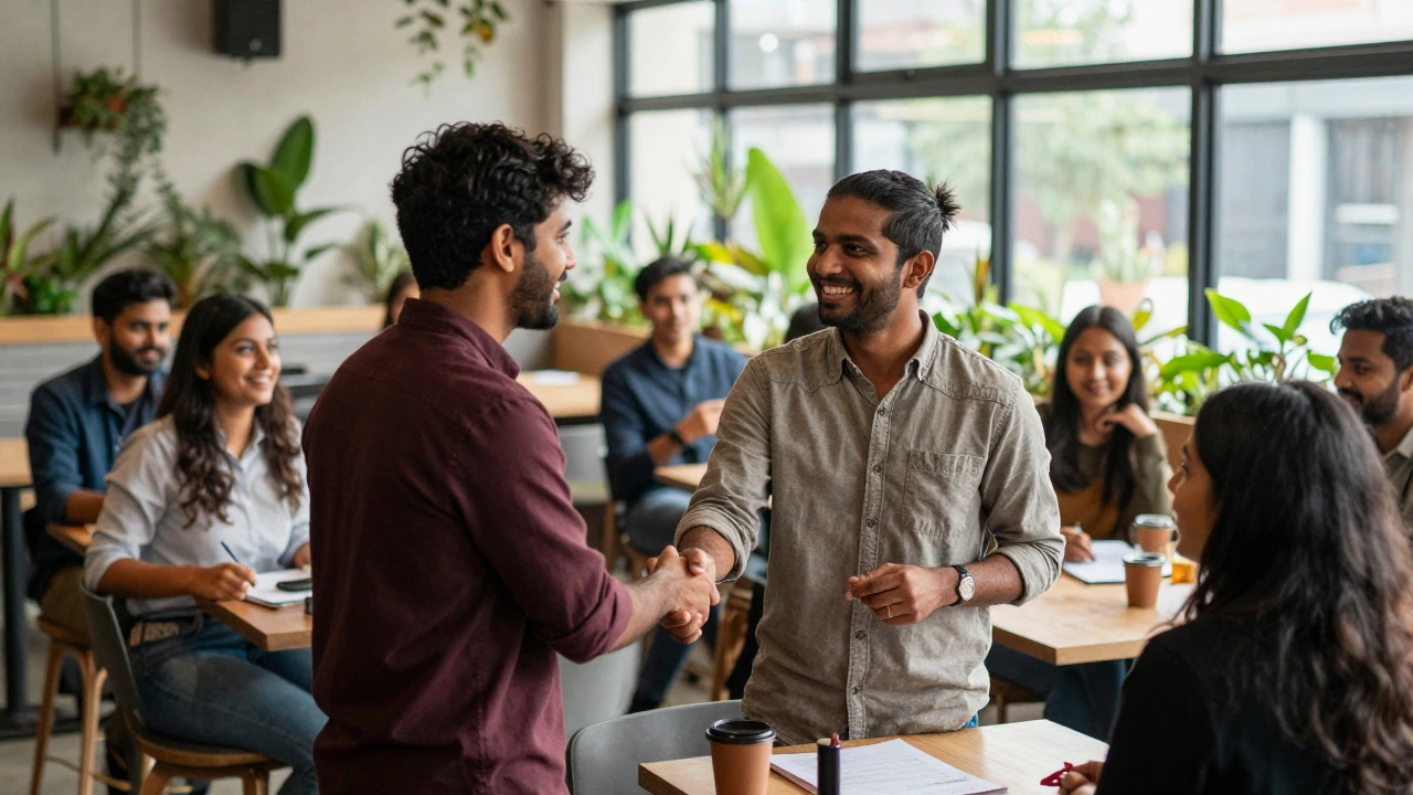 Young diverse professionals networking and laughing in a bright modern workspace.