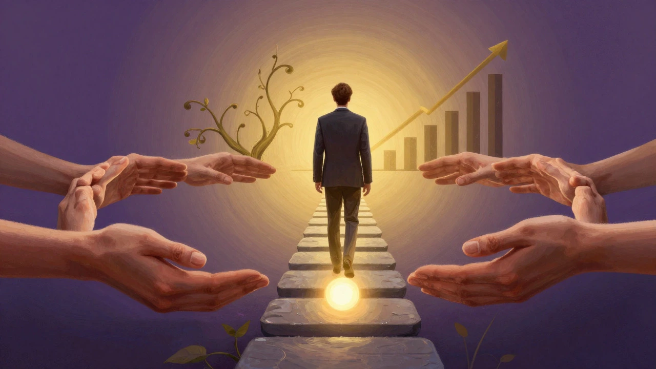 Abstract art depicting a person walking a path of light, surrounded by symbols of community growth.