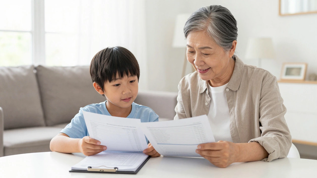 Adult child helping parent organize care records in sunlight