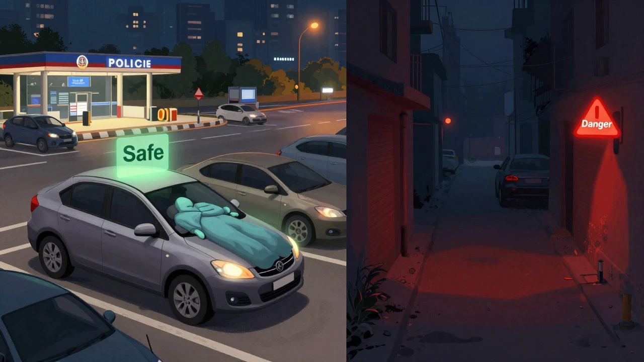 Contrast between safe lit parking spots and dangerous isolated alleys