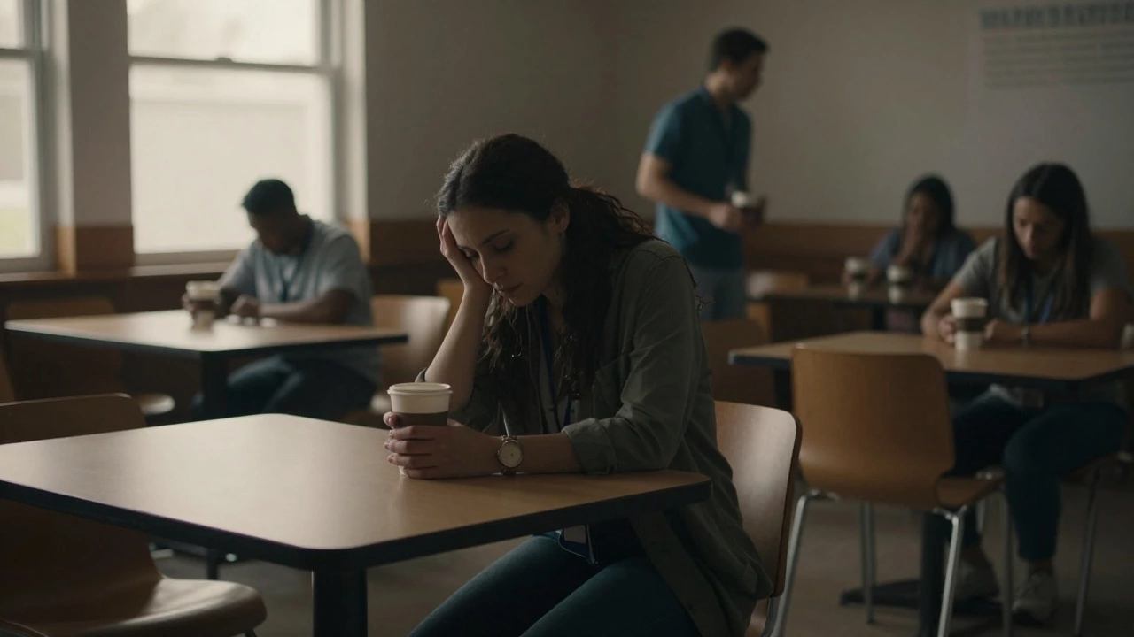 Exhausted volunteer sitting alone in a break room experiencing burnout