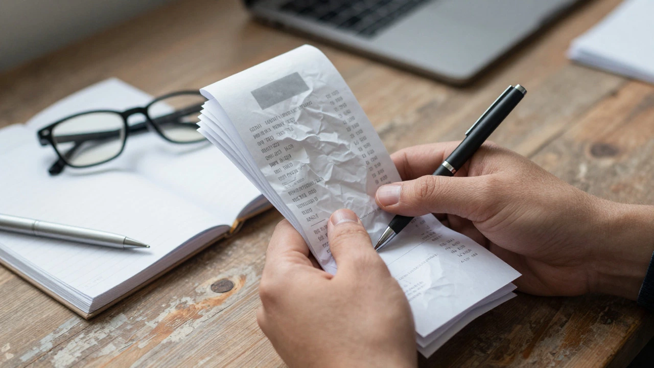 Hand holding crumpled receipts and a pen on a wooden desk