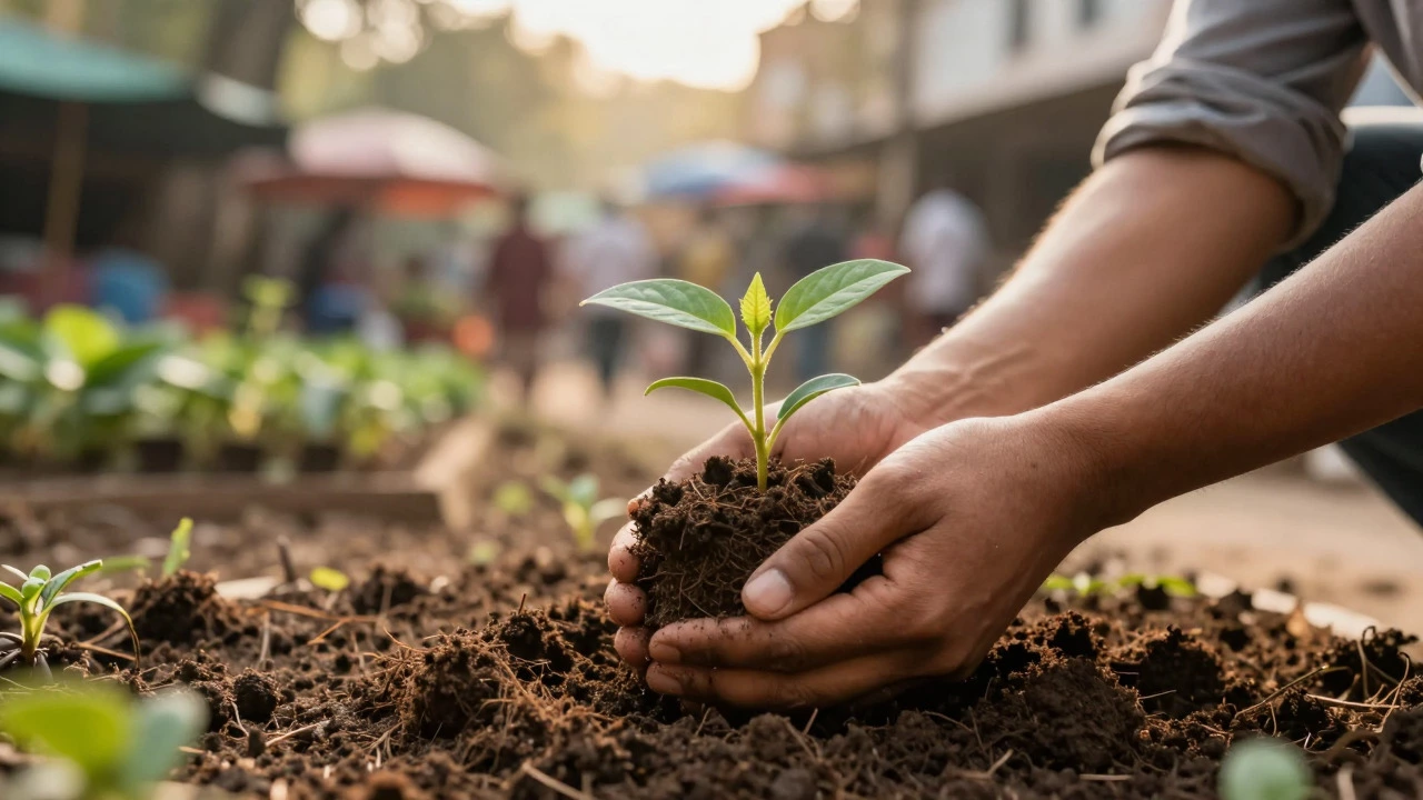 Hands planting a sapling in soil, symbolizing growth and community impact