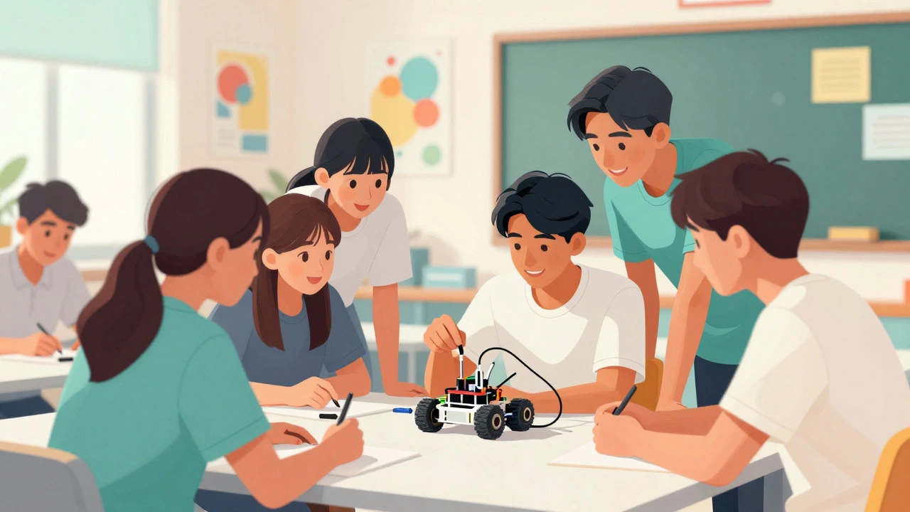 High school students actively collaborating on a robotics project in a vibrant classroom.