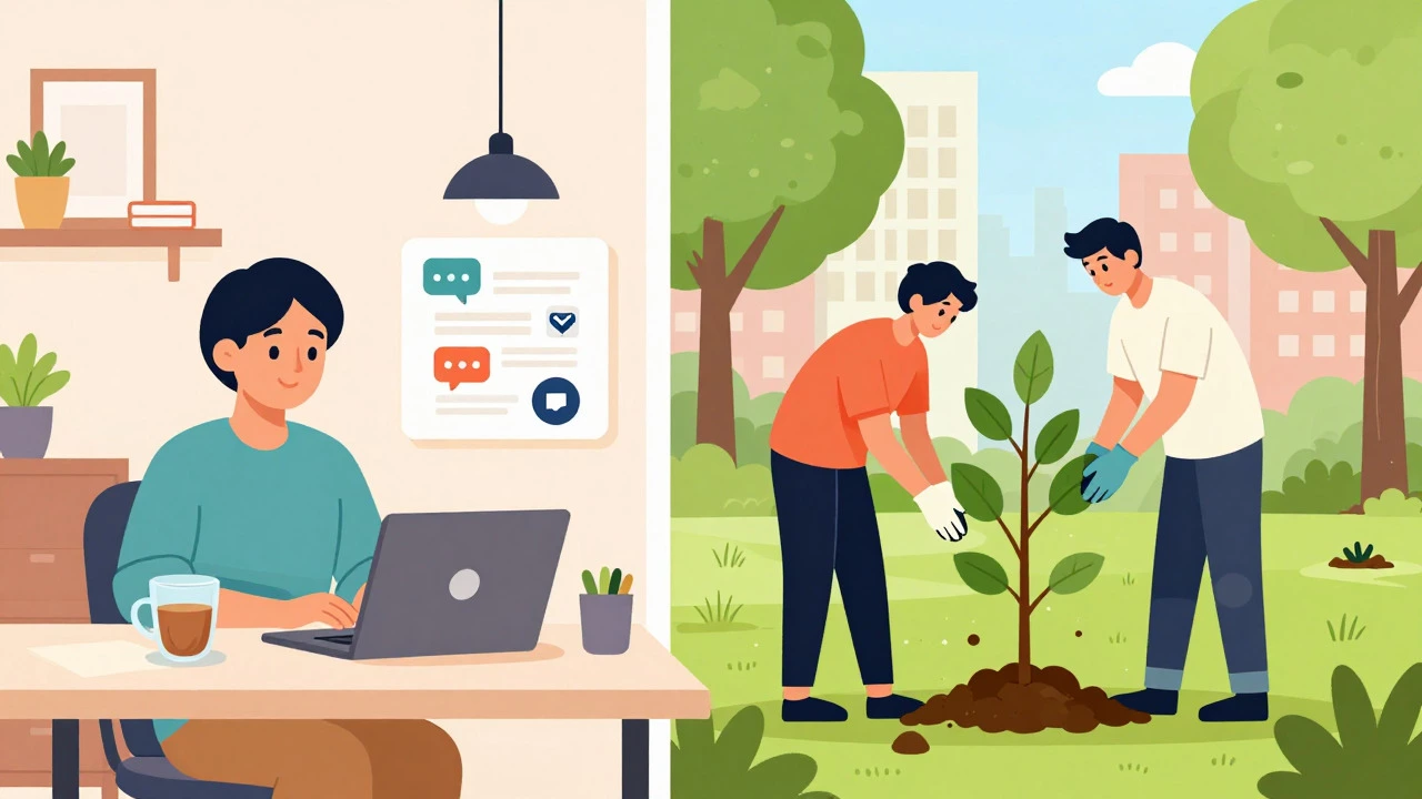 Illustration comparing remote online volunteering with outdoor tree planting