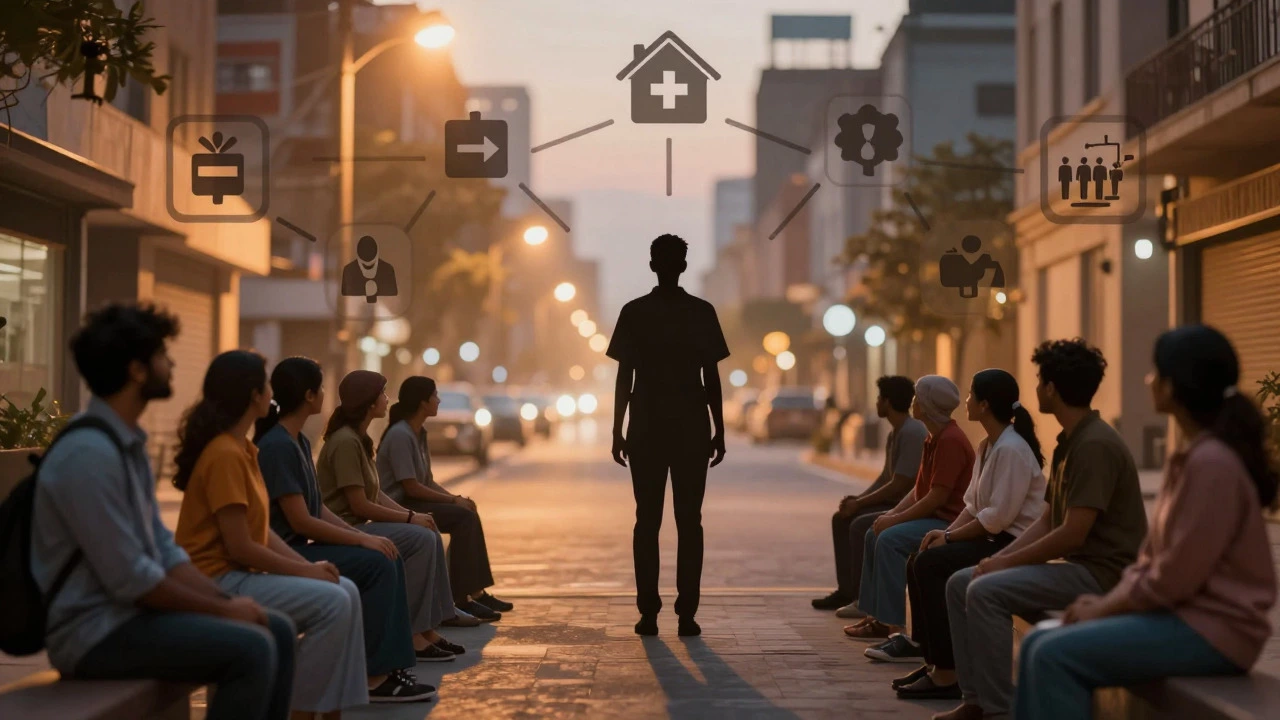 Silhouette of an outreach worker acting as a bridge connecting people to resources in an urban setting.