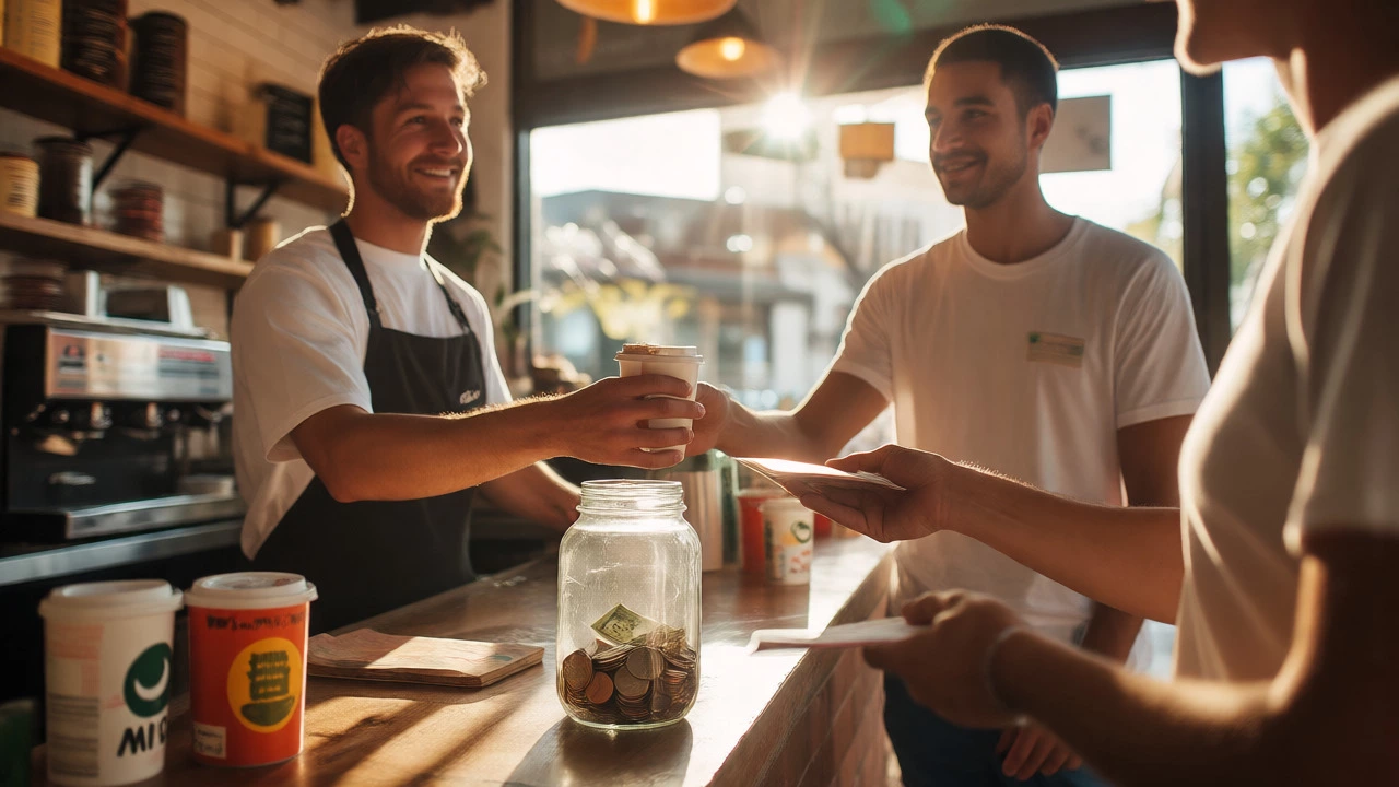 A donation jar on a coffee shop counter during a friendly exchange between staff and a volunteer.