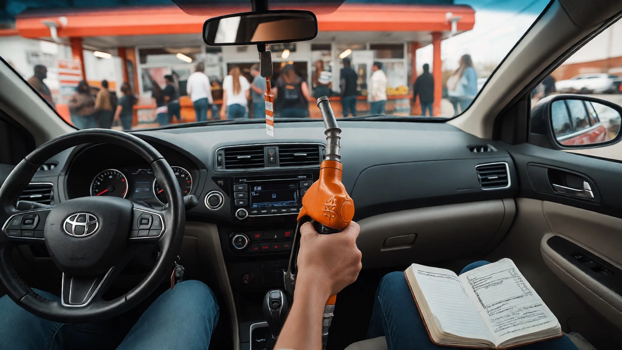 A volunteer filling a car tank with gas, noting mileage for tax-deductible expenses.