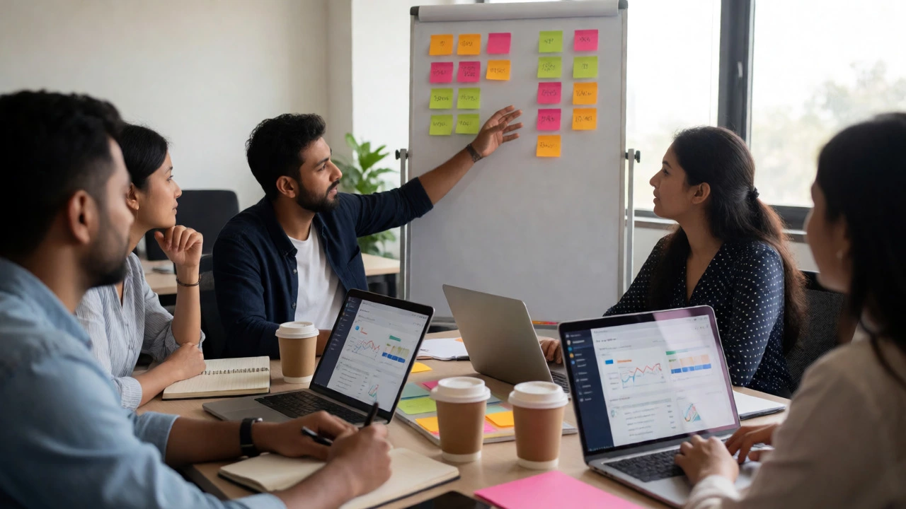 Charity team analyzing strategies and objectives during a post-event debriefing meeting.