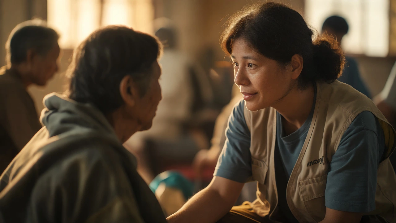 Close-up of a volunteer actively listening to a beneficiary with empathy and care.