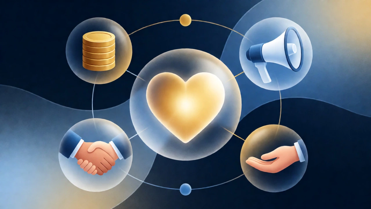 Conceptual digital art showing interconnected symbols for charity goals like funds and awareness.