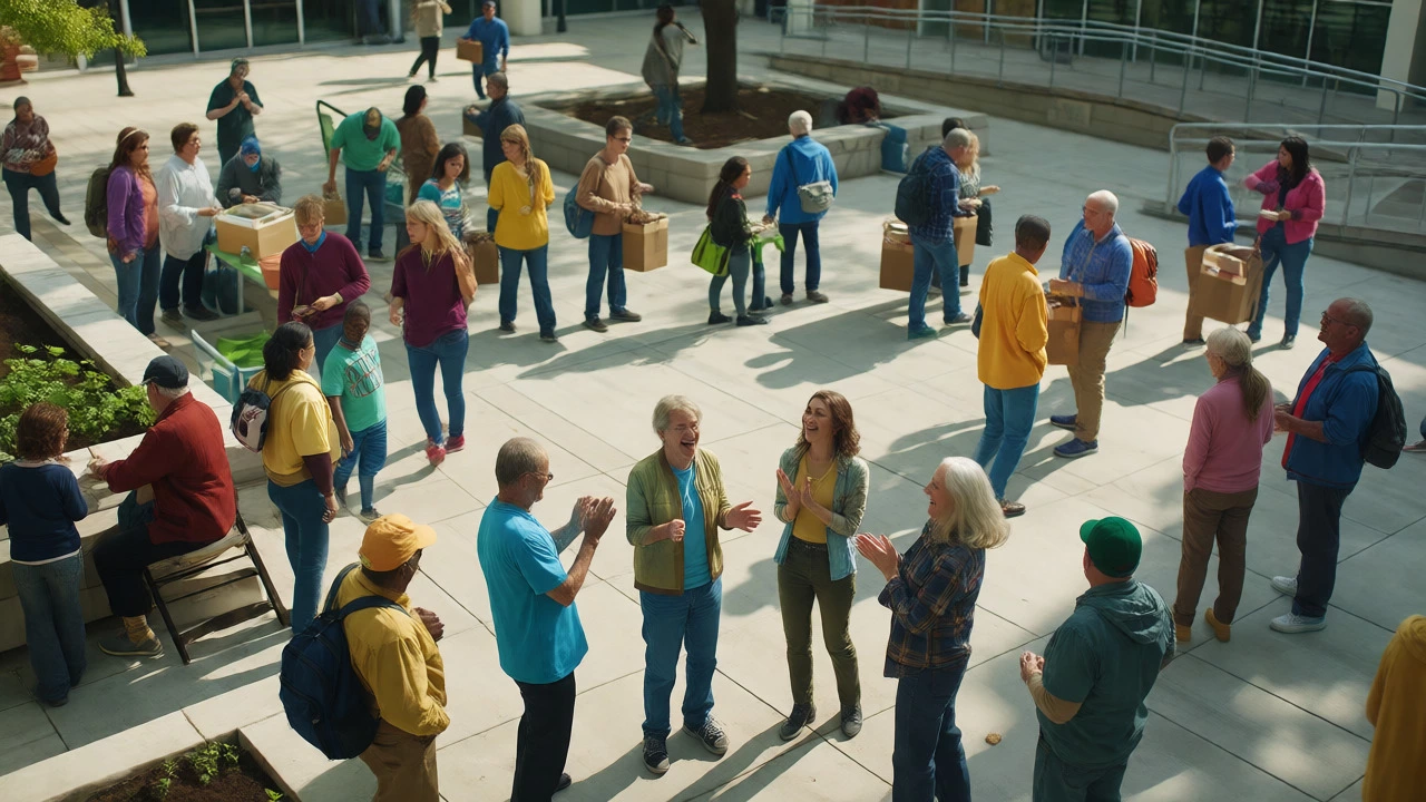 Diverse group collaborating on a community project in a public square.