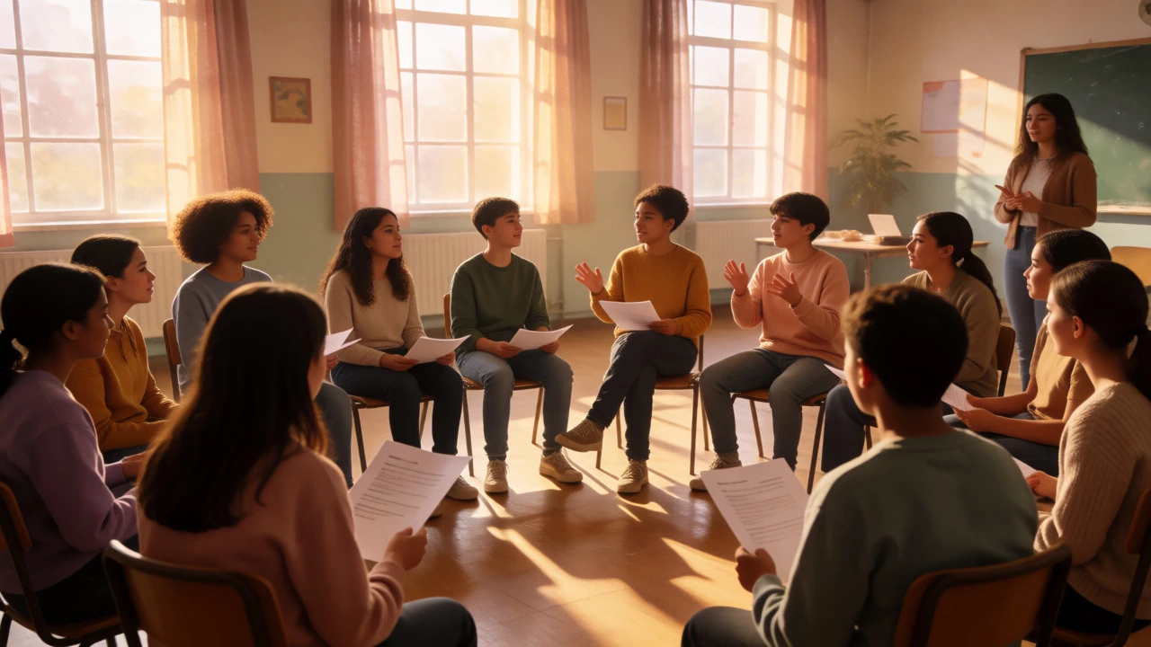 Drama club students rehearsing scenes in a warmly lit community hall
