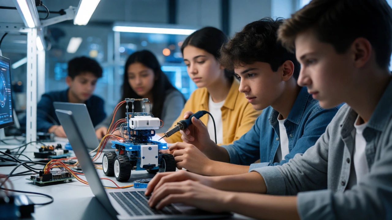 High school students collaborating on a robot build in a modern tech lab