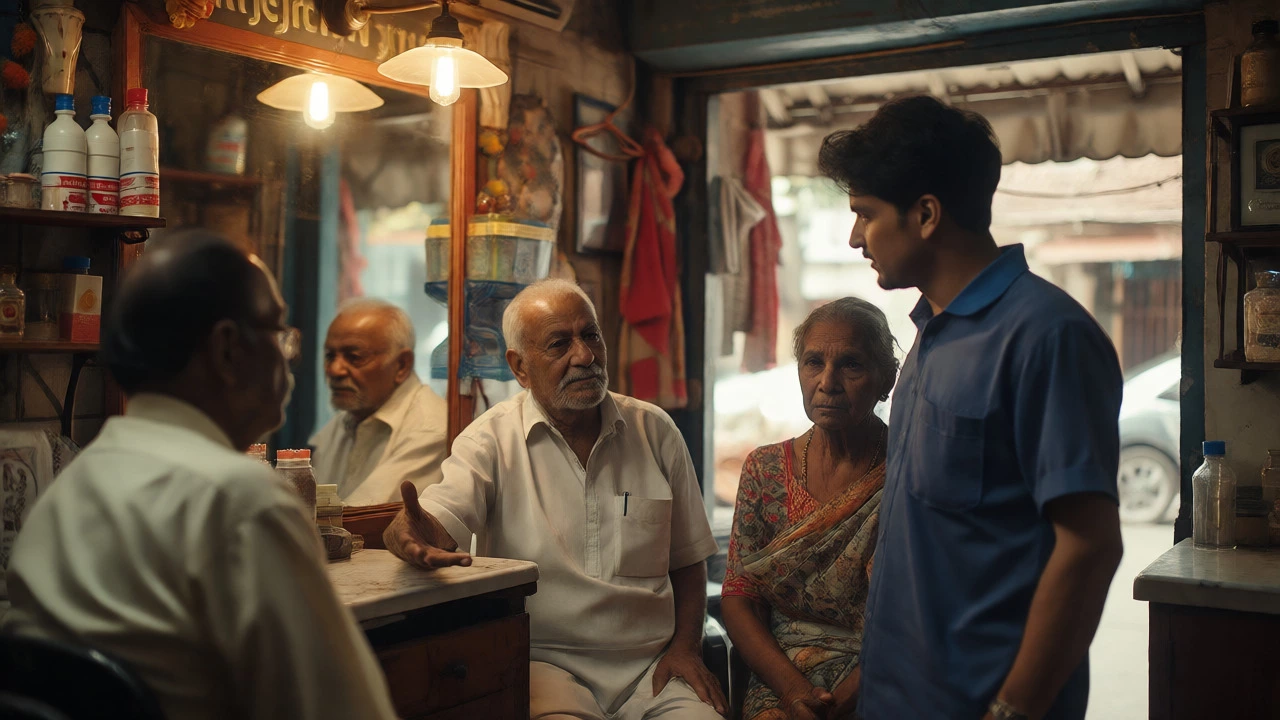 Local shopkeeper introducing an outreach worker to neighbors in a barbershop.