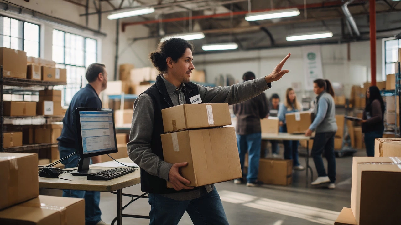 Volunteer multitasking in a busy warehouse, demonstrating adaptability and calm.