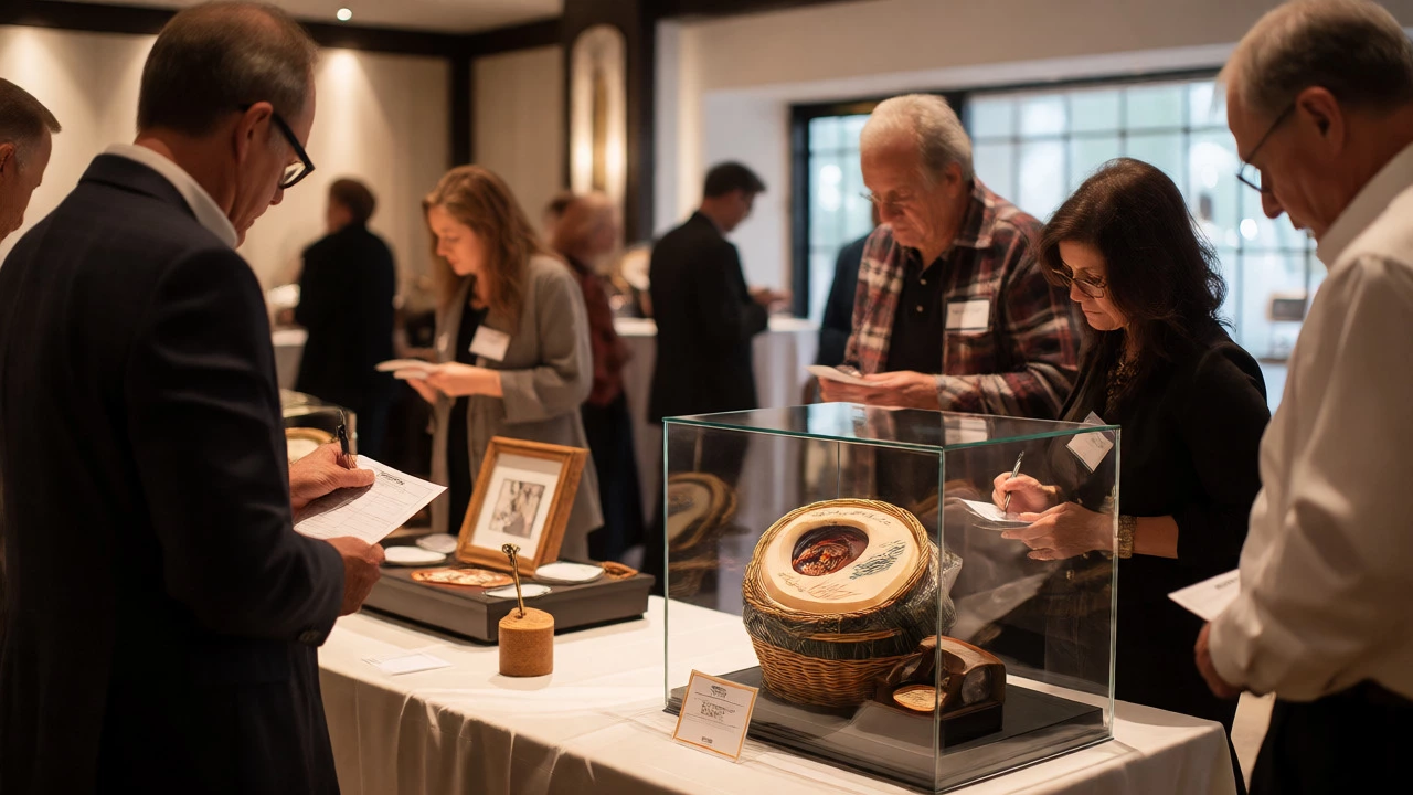 Attendees examining items and bidding at a charity silent auction