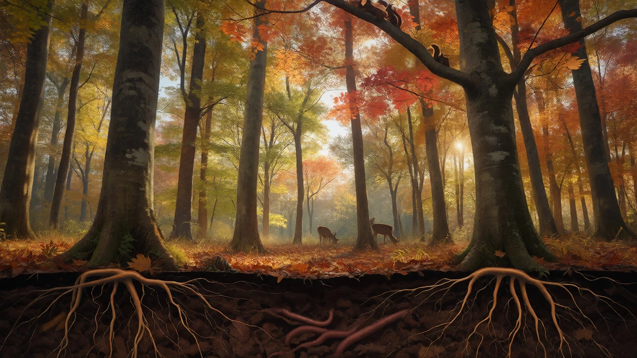 Autumn forest with animals and underground root networks