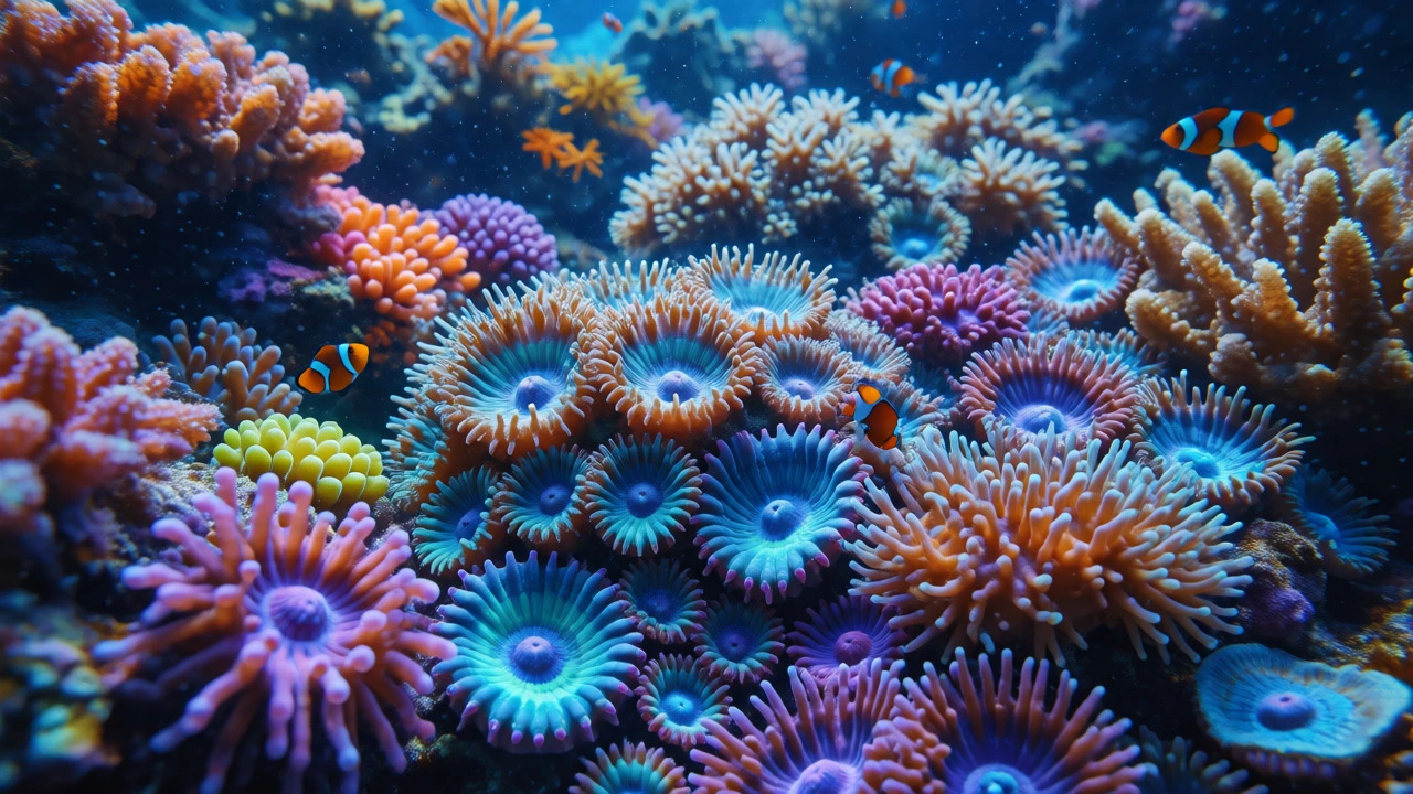 Colorful coral reef with clownfish and floating plankton