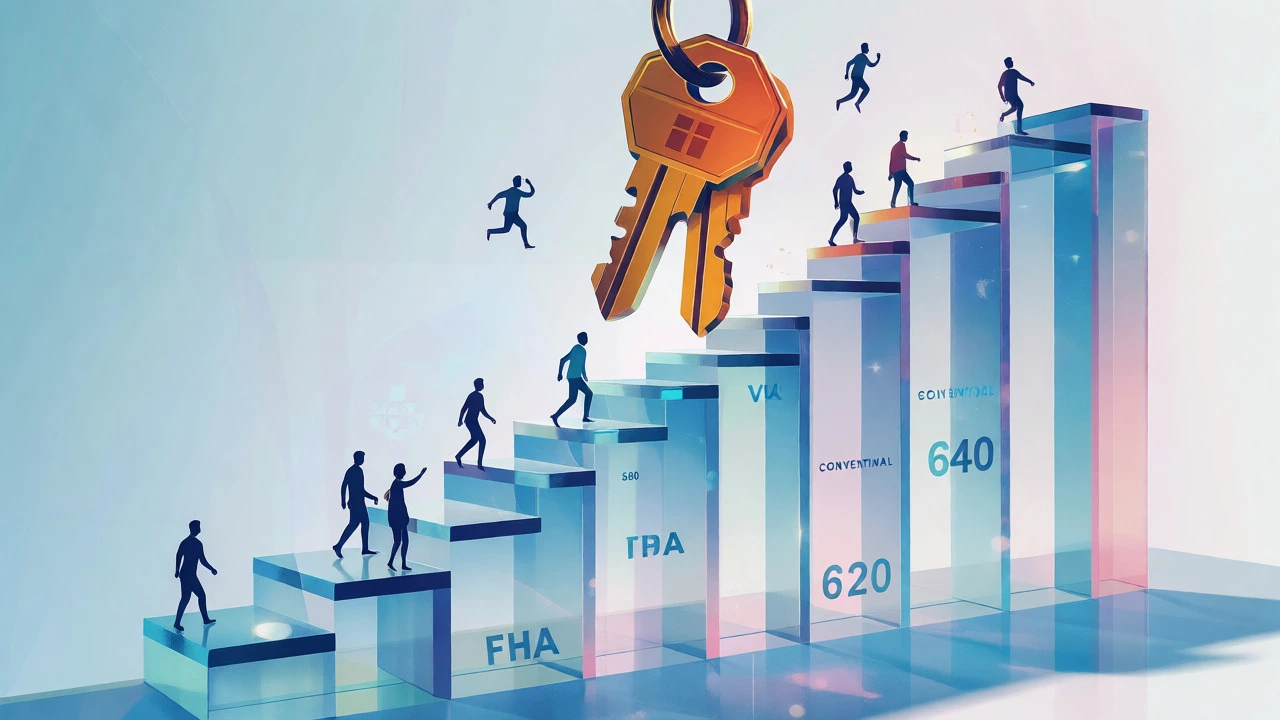 Conceptual illustration of credit score steps leading to house keys
