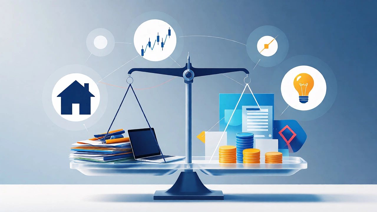 Conceptual illustration showing scales weighing physical goods against value concepts.
