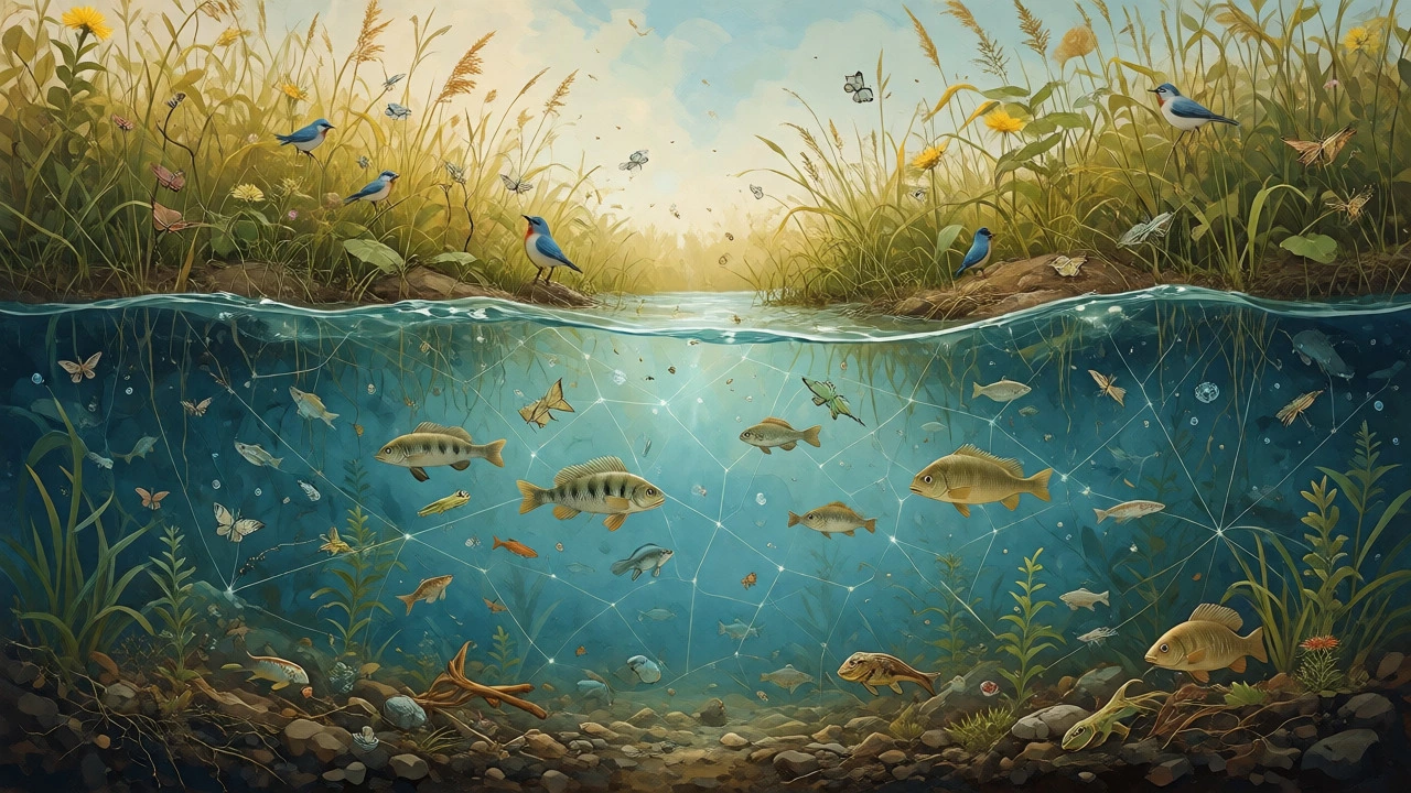 Cross-section of a riverbank showing terrestrial and aquatic life