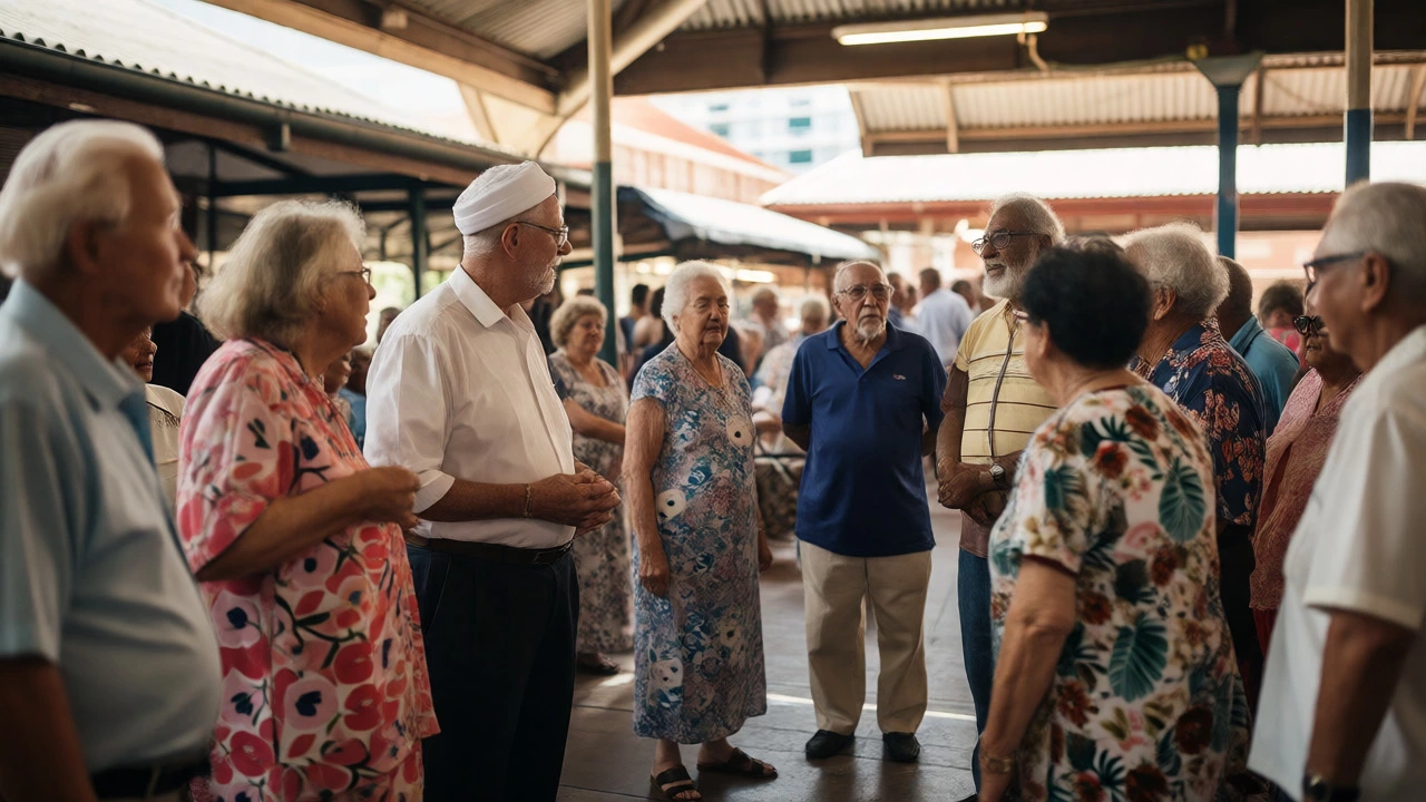 Diverse community members chatting casually at a local market