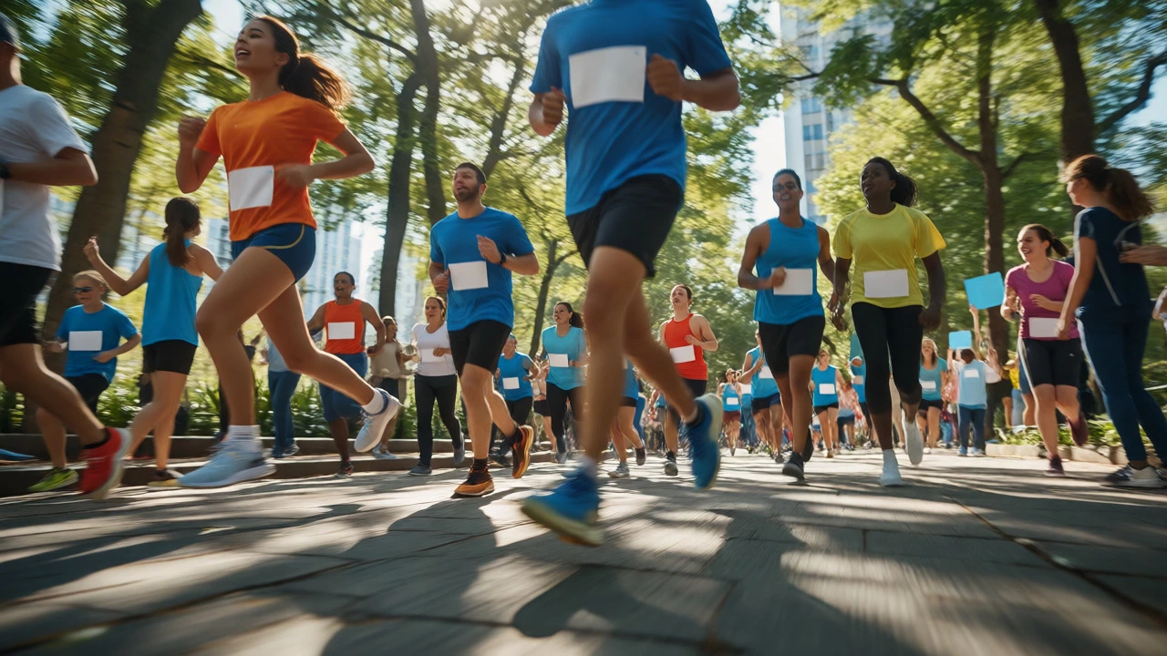Diverse crowd participating in an energetic outdoor charity fun run