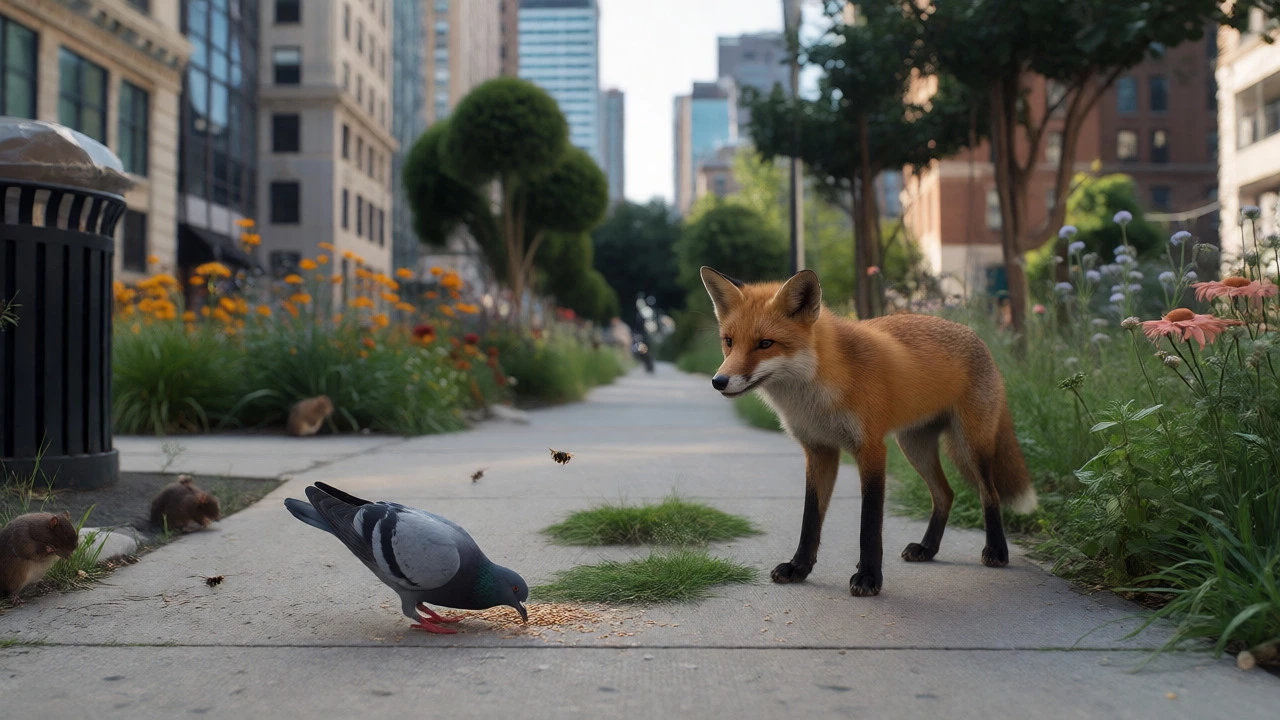 Fox and pigeon interacting in an urban park environment