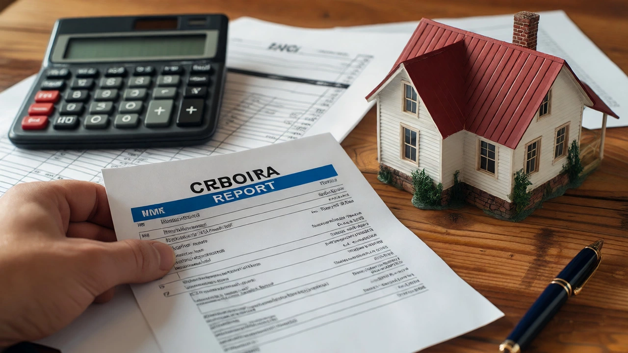 Hand holding credit report next to model house and calculator