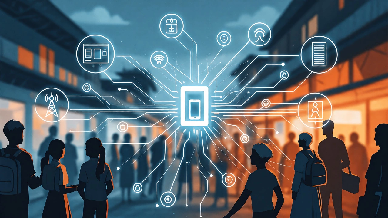 Illustration of communication channels connecting a community hub to diverse groups.