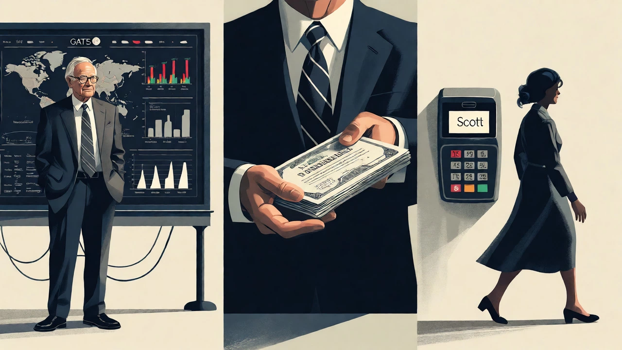 Illustration of three philanthropists using different donation methods: data, stocks, and cash.