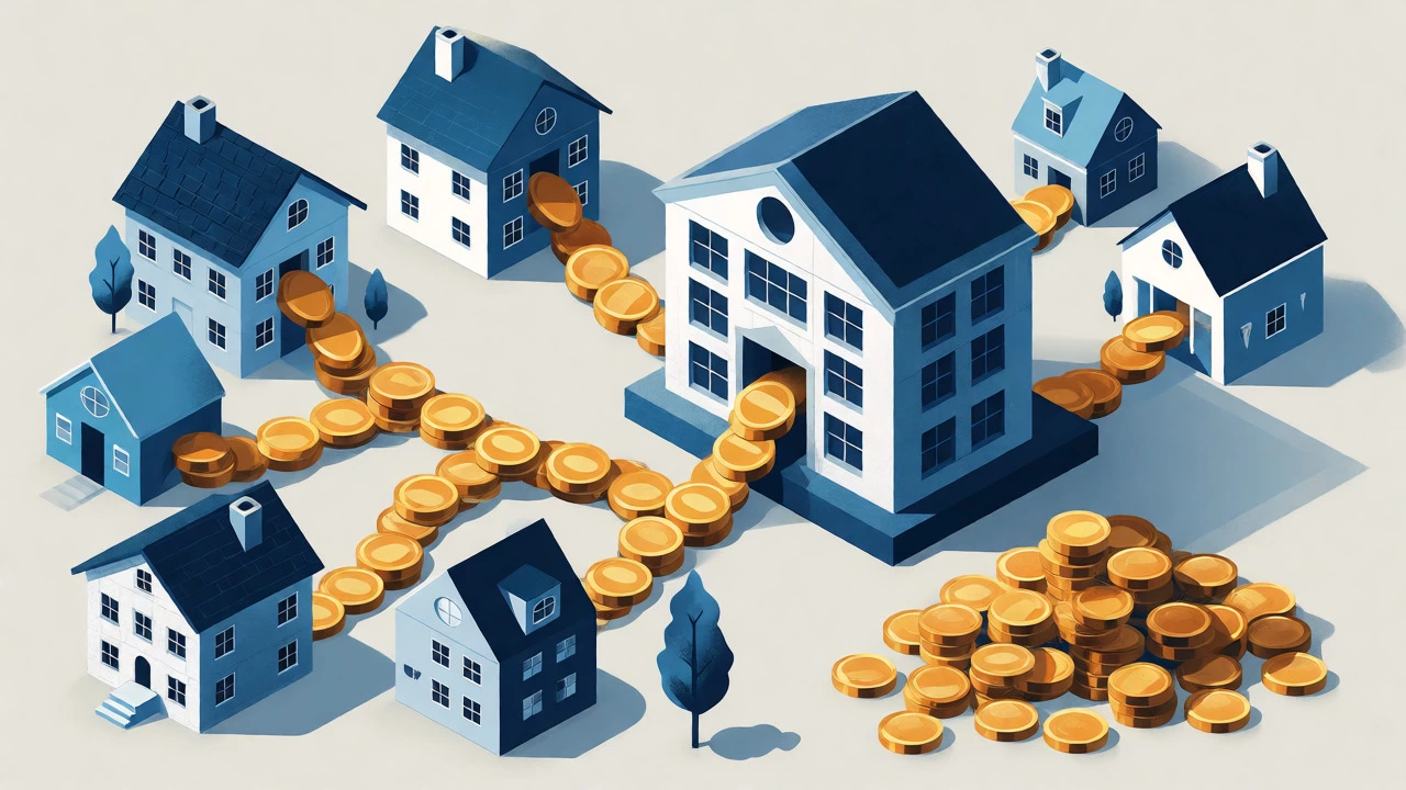 Isometric illustration of coins flowing steadily from homes to a nonprofit building.