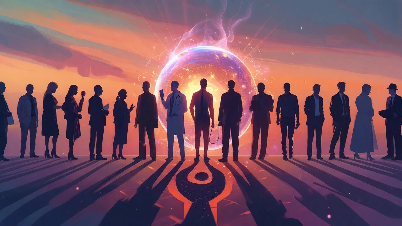 Silhouettes of diverse donors gathered around a glowing sphere of collective impact.