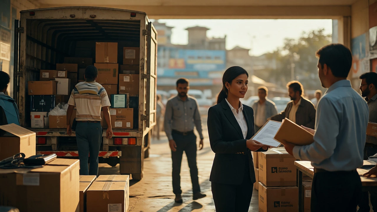 Truck delivering goods and professionals exchanging documents at a community center.