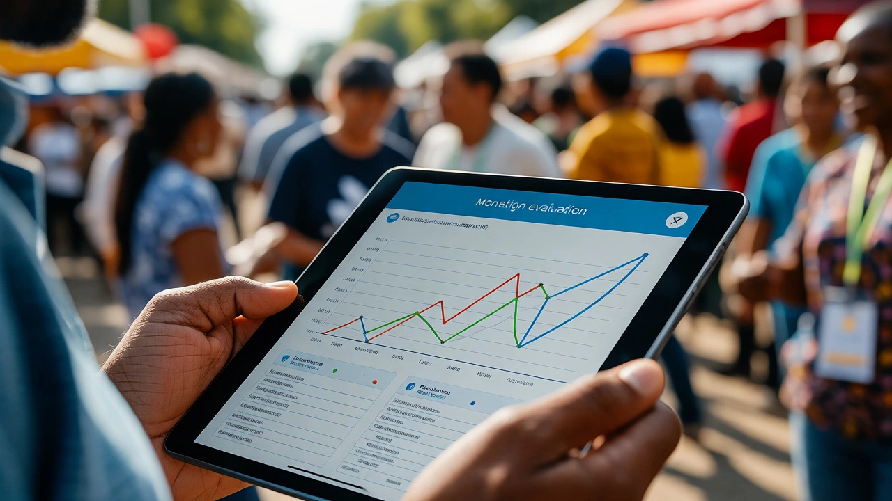Volunteer checking engagement metrics on a tablet during a community event.