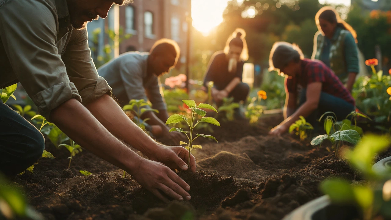 Volunteers planting trees in a community garden during golden hour sunlight.